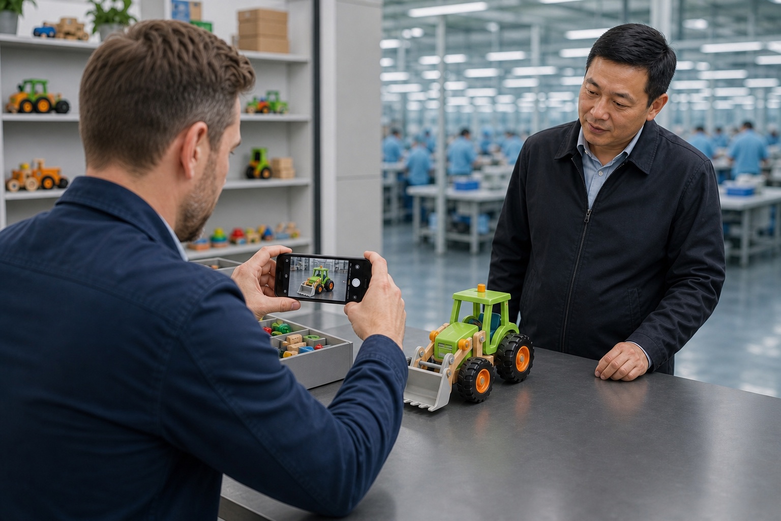 A retail buyer photographing a toy sample with a supplier inside a factory