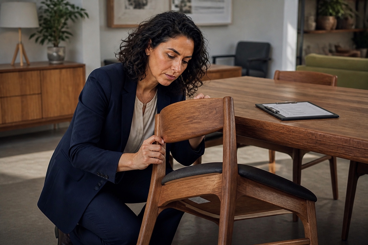 Compliance professional inspecting a finished timber chair and reviewing supporting documentation
