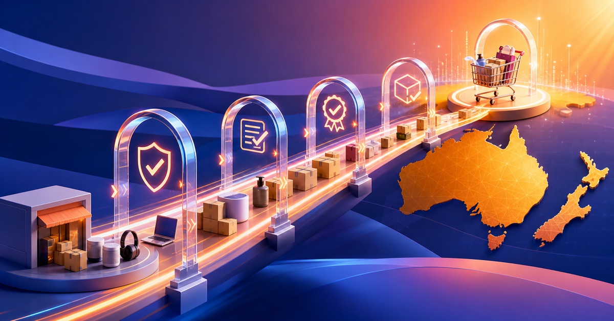 Products moving through compliance checkpoints towards Australian and New Zealand marketplaces