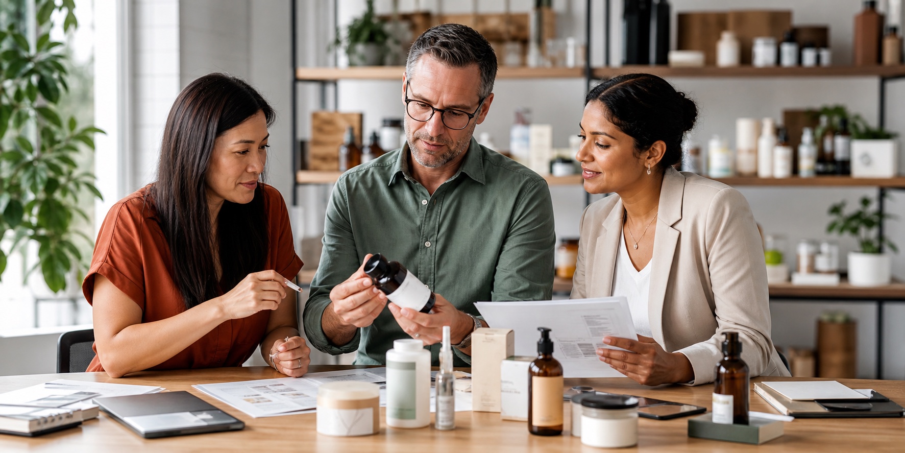 Diverse compliance professionals reviewing a consumer product, packaging and evidence