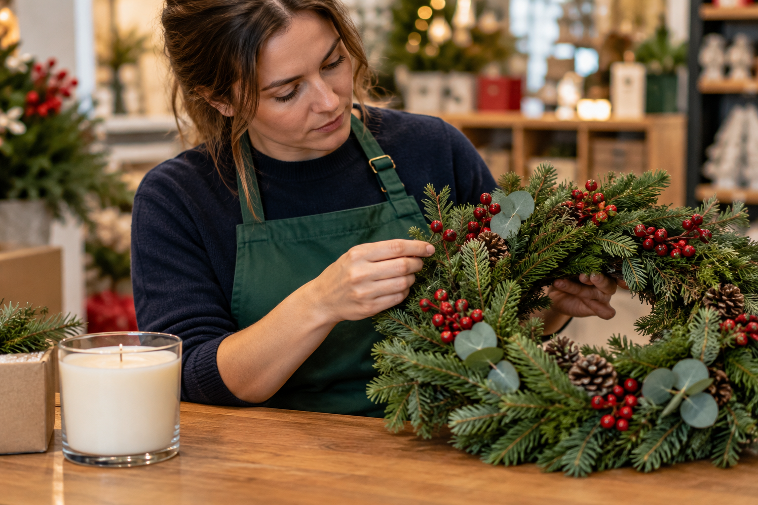 A retail worker examining a festive wreath, with an unlit candle separately on the bench.
