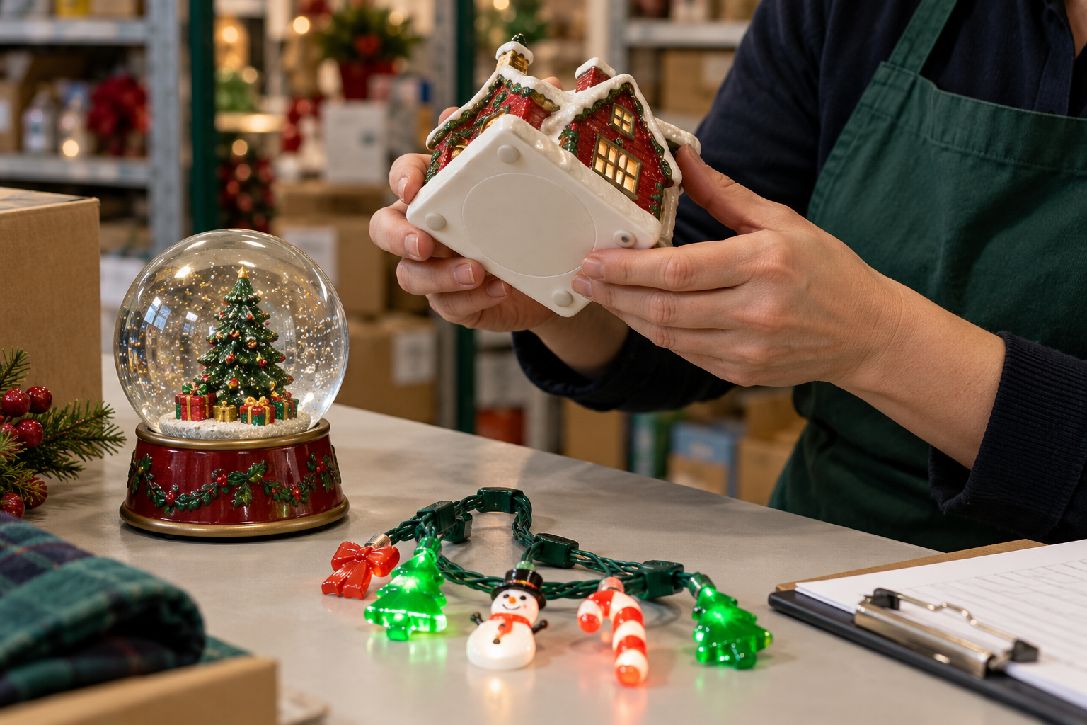 A retail worker inspecting a Christmas ornament beside a snow globe and light-up necklace.