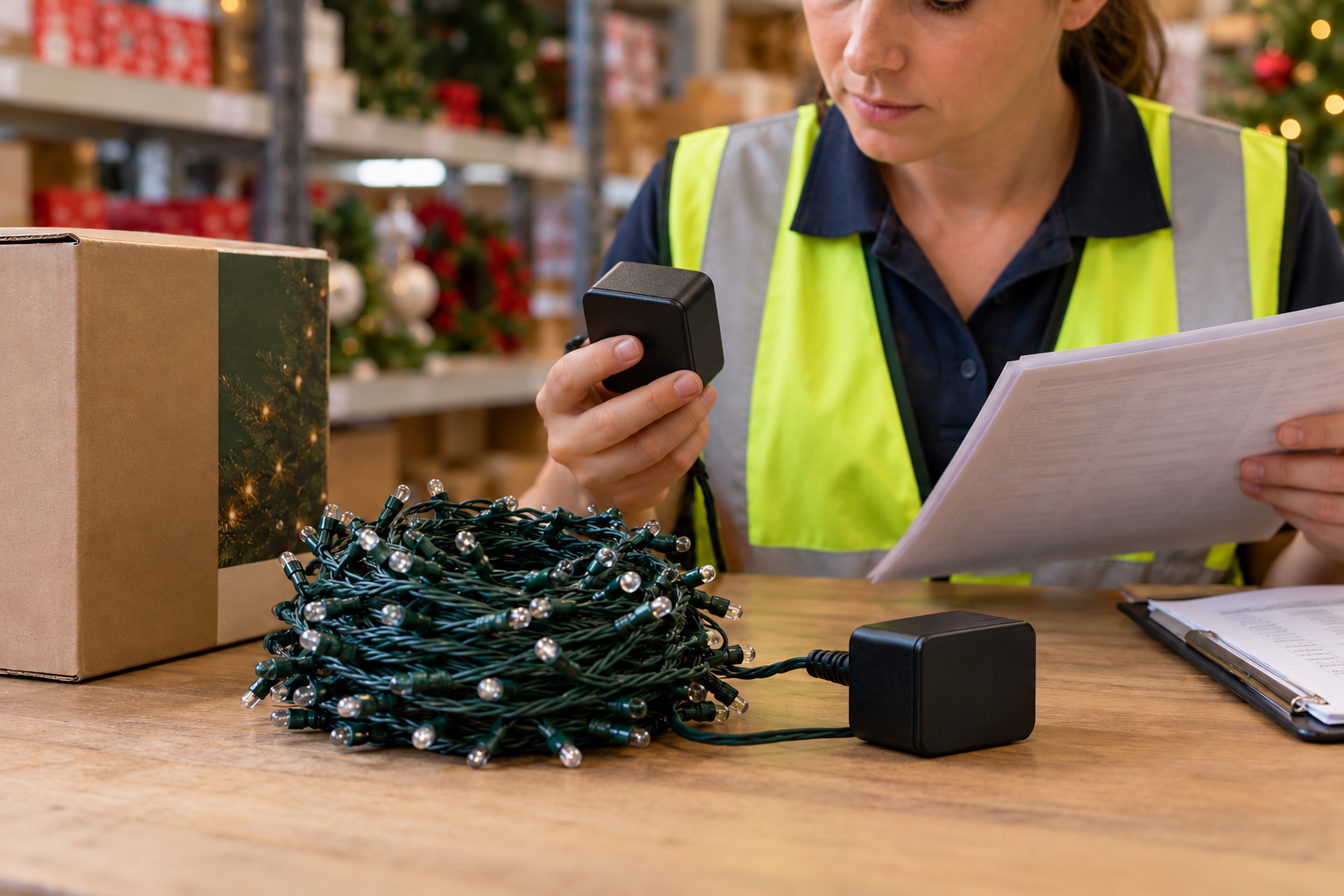 A retail worker checking a Christmas light-set power adapter against product paperwork.