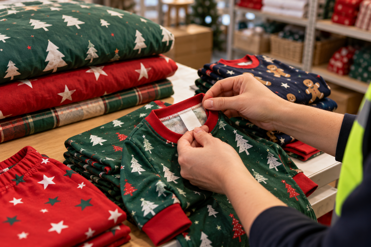 Hands checking a garment label beside folded Christmas-print bedding and pyjamas.