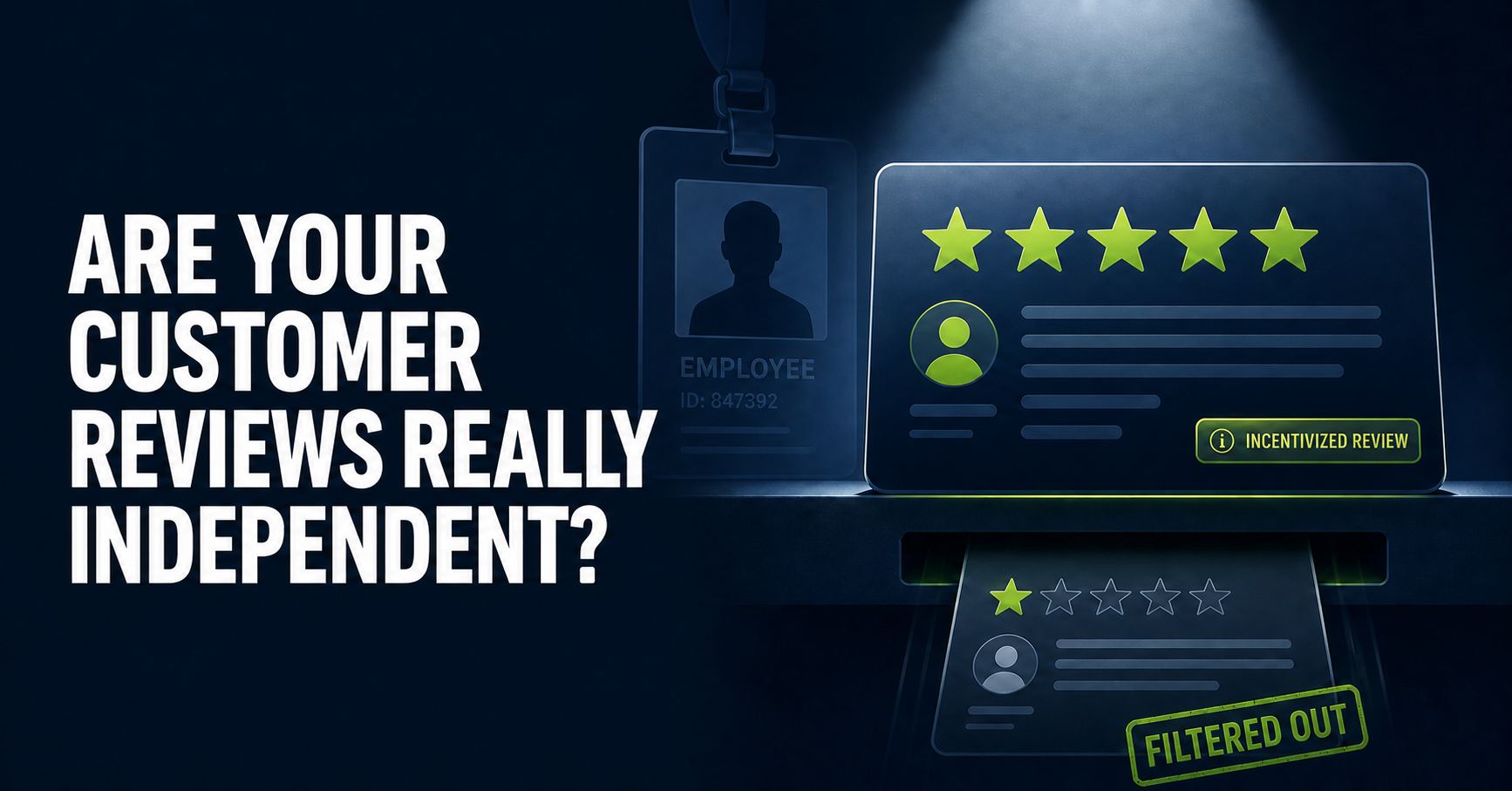 Customer review cards showing an undisclosed employee relationship and a filtered low-rating review