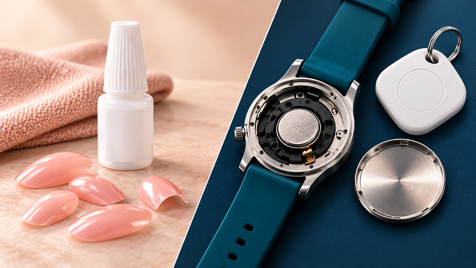 A diagonal split separates nail glue and false nails from a wristwatch with its button battery compartment visible and a generic tracking tag.