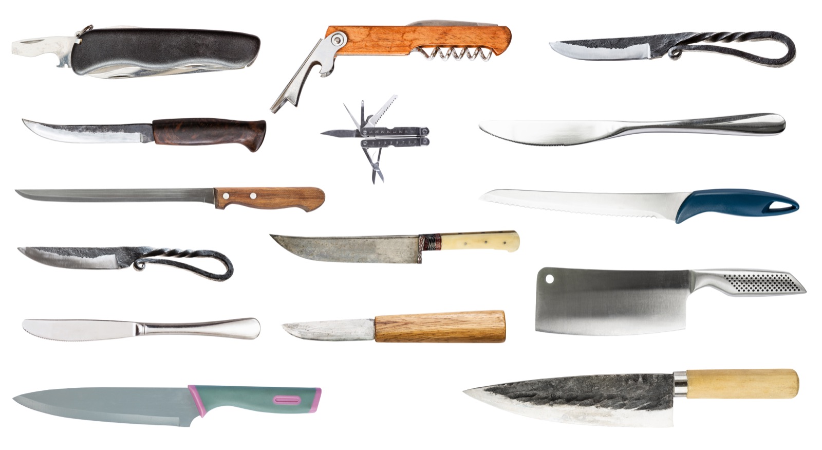 A range of household, pocket, outdoor and culinary knives arranged against a white background