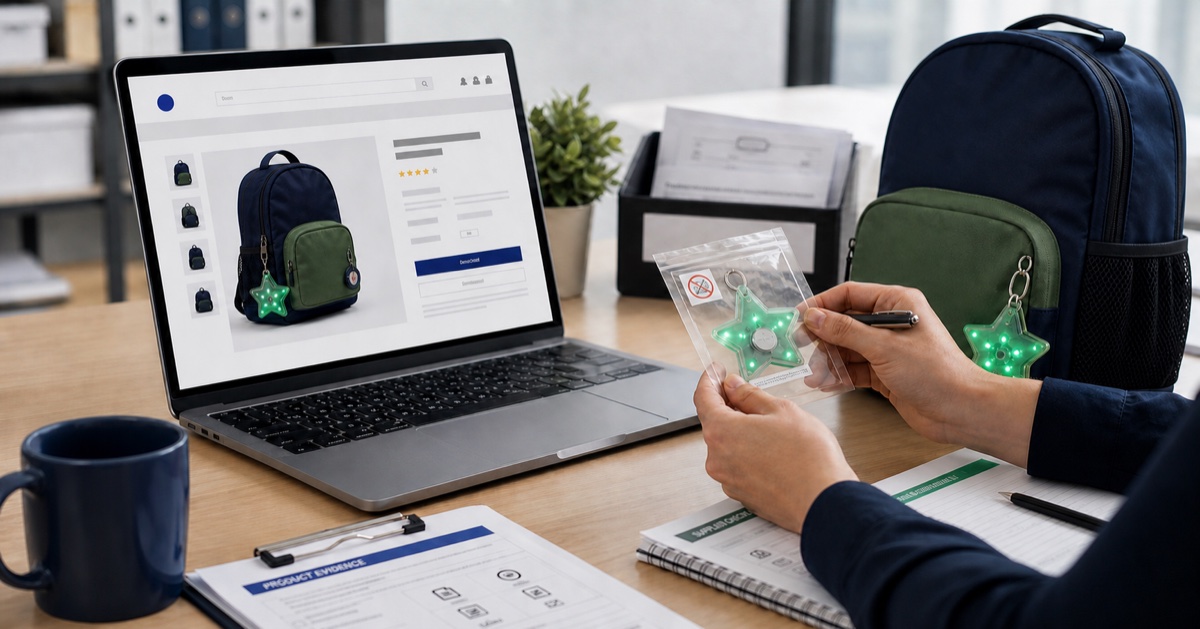 A compliance professional reviewing a button-battery product offered through a generic online marketplace