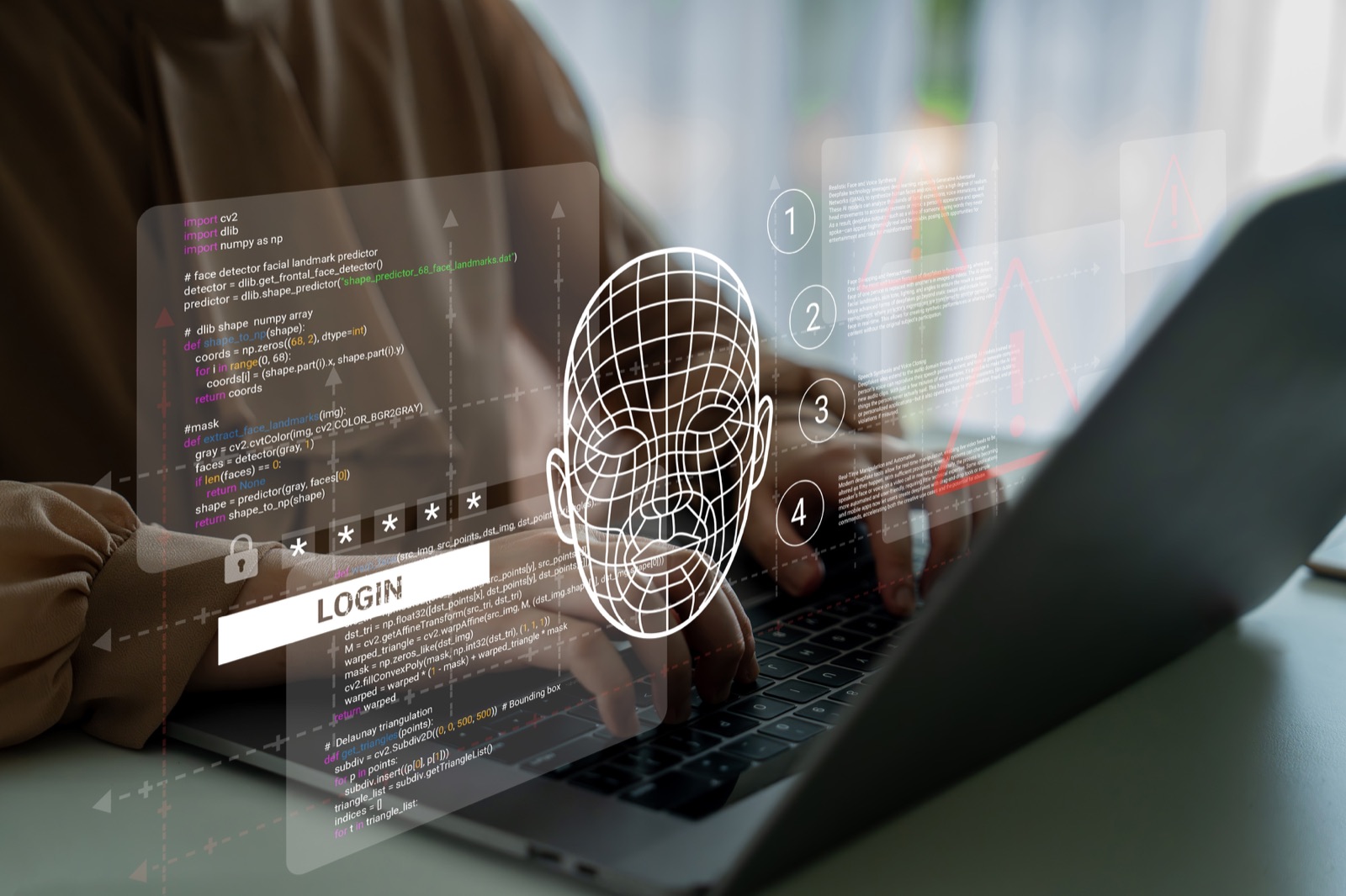 A person using a laptop with digital identity, data and security graphics