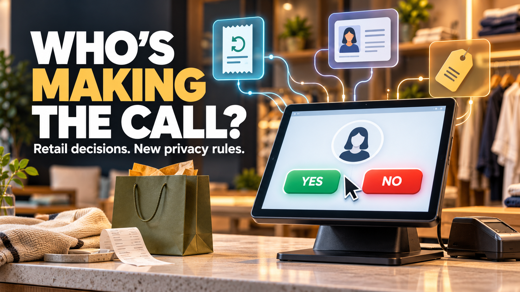 Who's making the call? A retail checkout with yes and no decisions linked to refunds, recruitment and pricing. Retail decisions. New privacy rules.