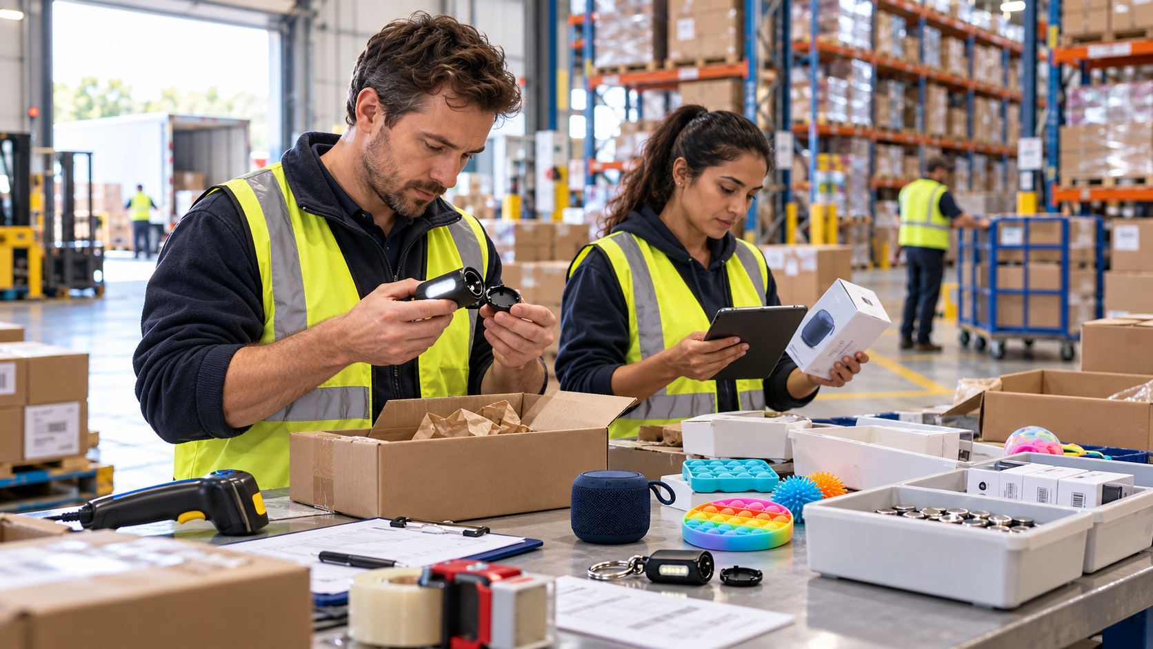 Warehouse staff inspecting retail products and packaging at a receiving bench.
