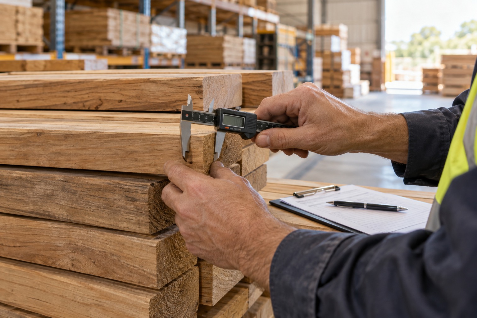 Timber assessor measuring building timber beside a product checklist
