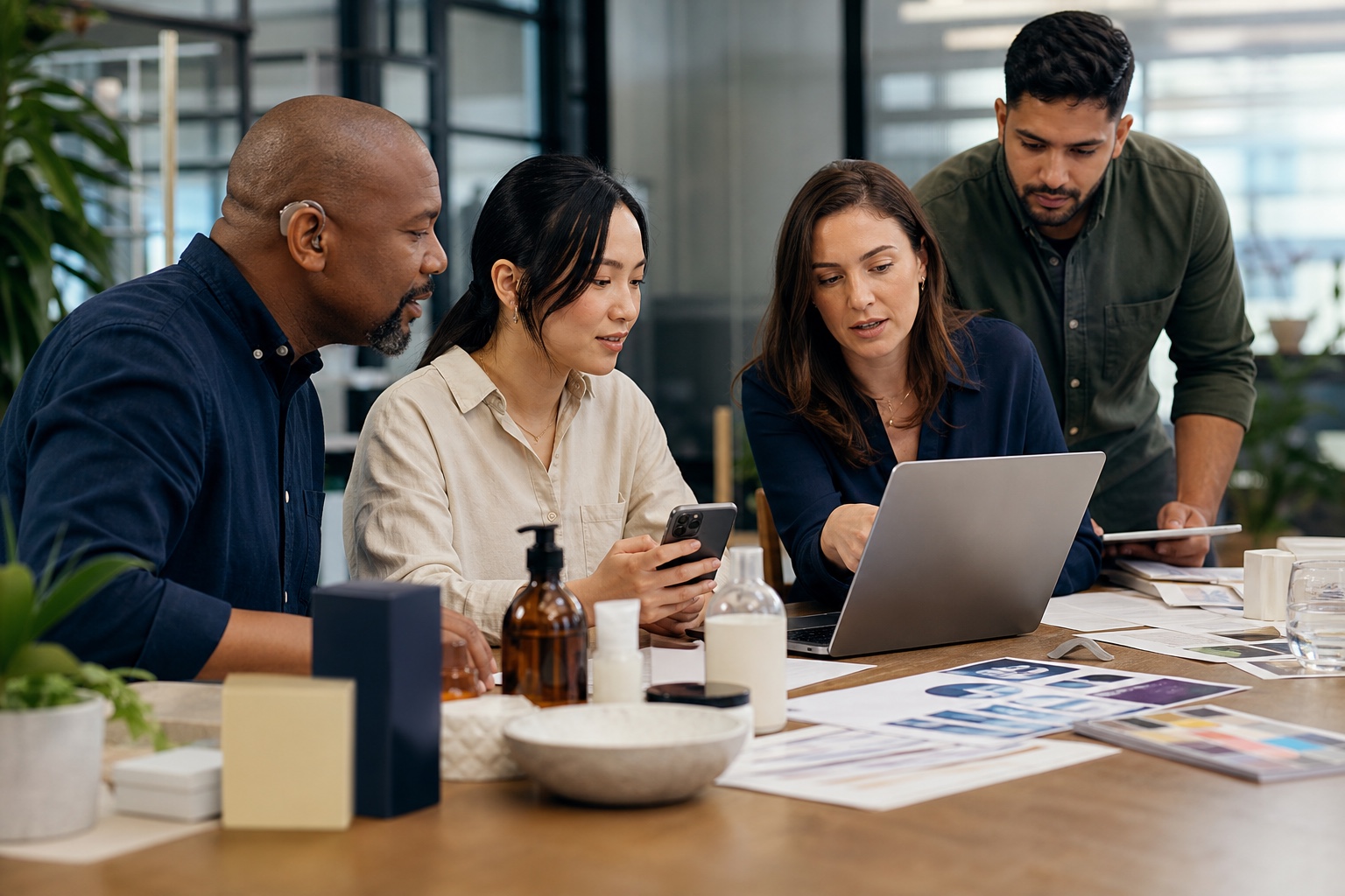 Marketing colleagues reviewing a website on a laptop and phone