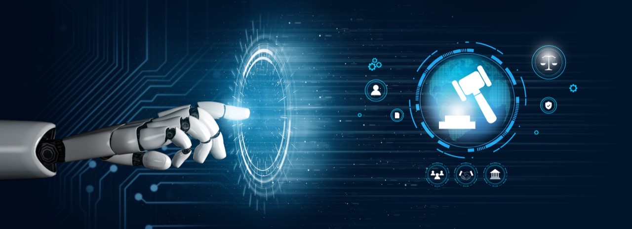 Robotic hand reaching towards digital legal symbols